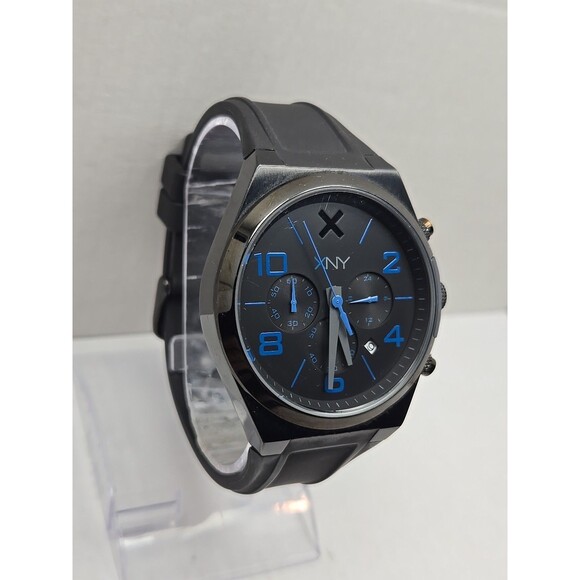 XNY by Seiko Chronograph Watch 46mm Black Blue Date Rubber Strap New Battery - Picture 3 of 10